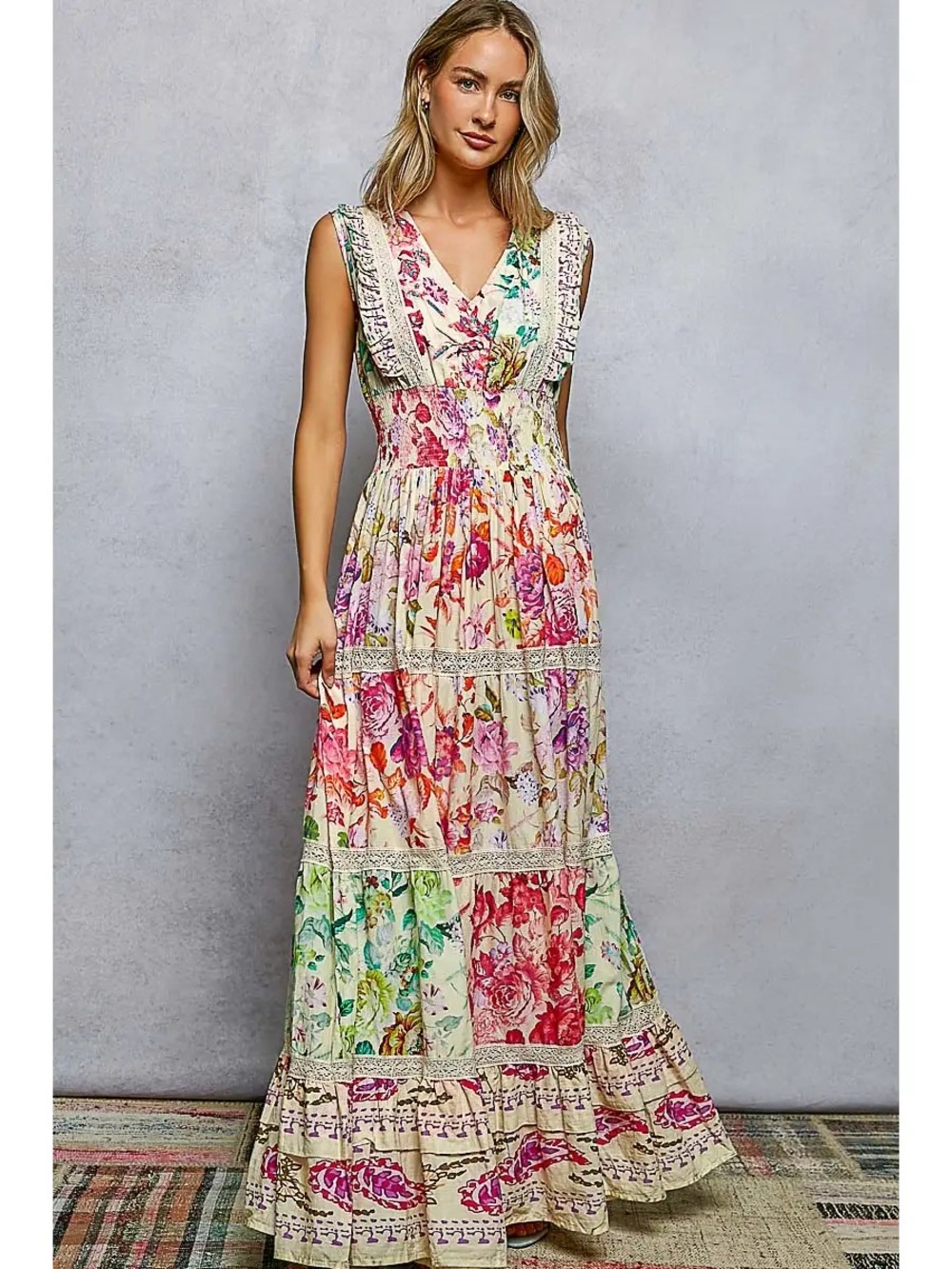 POL Feminine V-Neck Smocked Waist Ruffle Floral Maxi Dress - NWT
